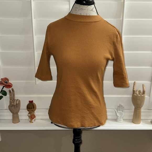 Maeve Ribbed Mock Neck Half Sleeve Knit Top Honey - Picture 1 of 12